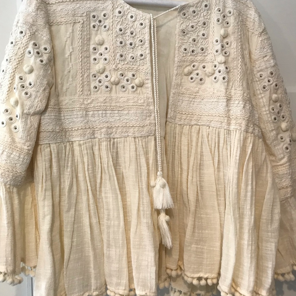 Zara cream embroidered tie front jacket